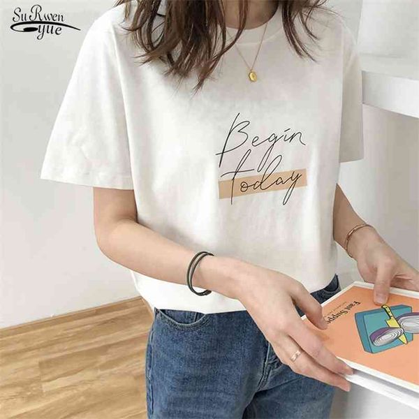 

casual o-neck letter print women white t-shirt summer short sleeve loose female basic shirt ladies tees 100% cotton 13449 210521