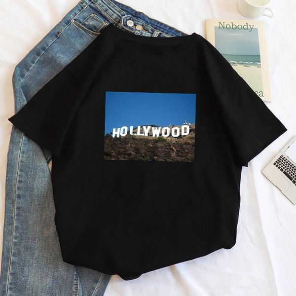 

hollywood letter print ins womens t shirts harajuku casual fashion short sleeve loose large size o neck tees ulzzang fun, White