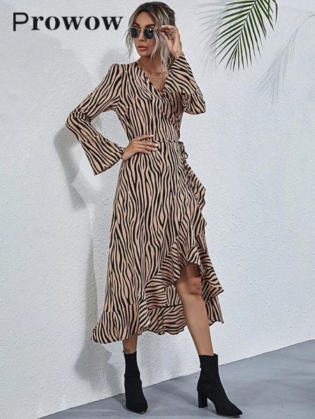 

prowow autumn deep v neck lady dress elegant long sleeve leopard women irregular female dresses casual, Black;gray