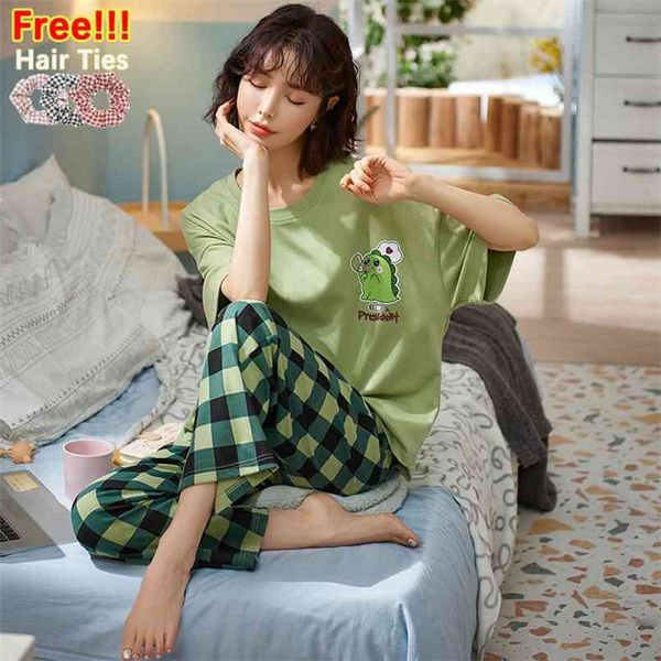 ATUENDO Sommermode grüne Pyjama-Sets für Frauen Atoff Home Satin Seide Lounge Nachtwäsche 100 % Baumwolle PJS Kawaii Soft Homewear 210809