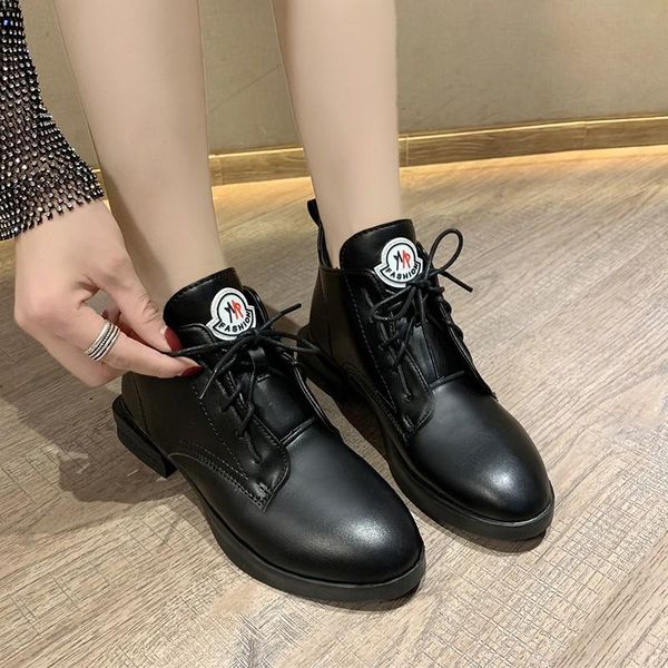 

boots solid black leather warm plush women winter female ankle for lace up platform street style casual shoes