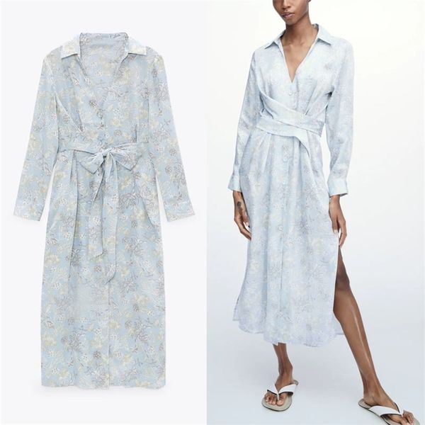 

print shirt dress women long sleeve knotted sky blue midi es chic button up side vents woman vintage summer 210524, Black;gray