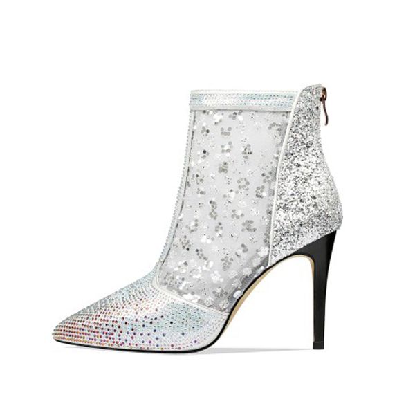 

norberg women luxury microfiber metal fabric ankle boots mesh crystal bling pumps pointed toe sparkling evening shoes 210507, Black