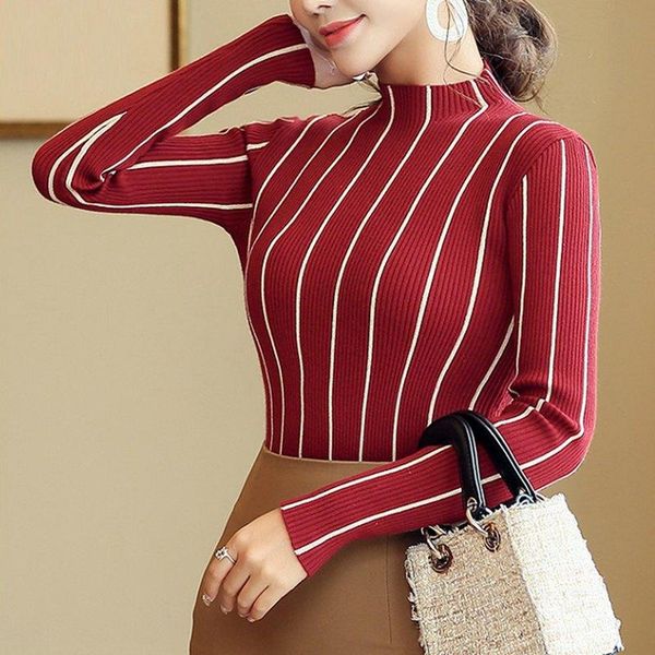 

women's sweaters striped turtleneck pullover women 2021 winter thick sweater red korean ladies office knitted black pull femme, White;black