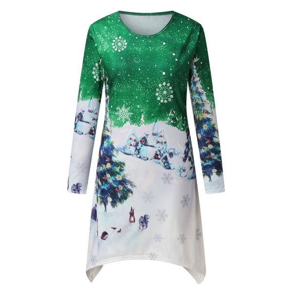 

casual dresses christmas snowflake print t shirt women round neck long-sleeve t-shirt irregular hem ladies manga larga xmas tshirt 2022, Black;gray