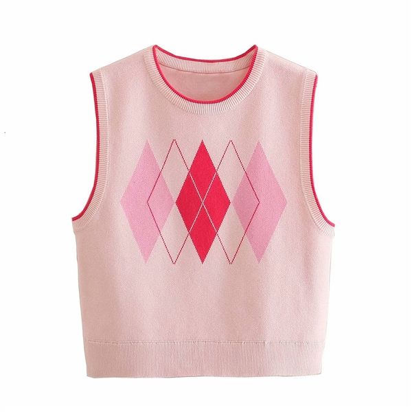 

women's knits & tees chic girl knitted argyle pink za short pullover vest women casual spring sleeveless o-neck sweaters female cu, White