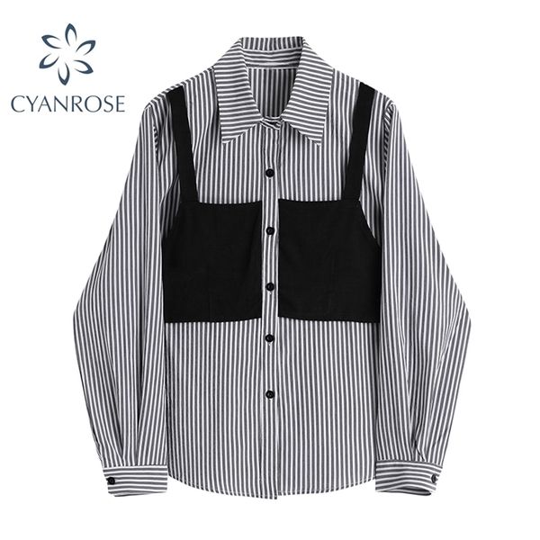 

striped shirt women patchwork long sleeve autumn fashion loose casual turn down collar streetwear female blouse 210515, White