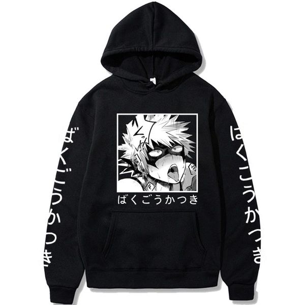 

men's hoodies & sweatshirts japanese anime my hero academia men long sleeve harajuku manga cute katsuki bakugou graphics winter warm, Black