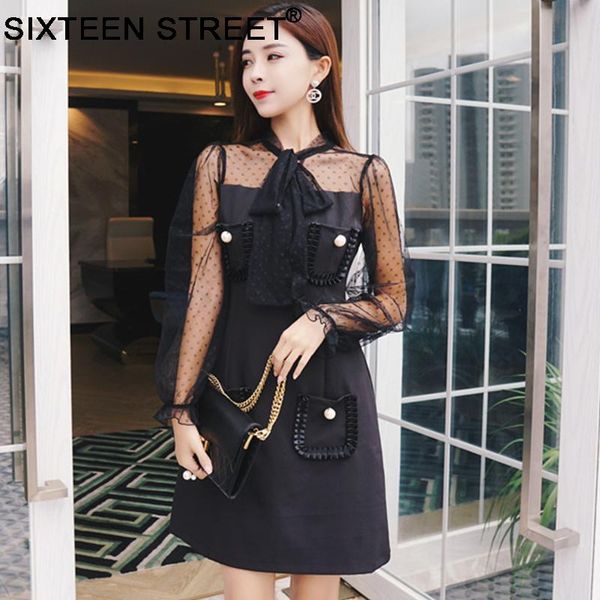 

casual dresses bead bow neck dress woman long sleeve bowknot black mesh perspective render mini winter female vintage vestidos, Black;gray