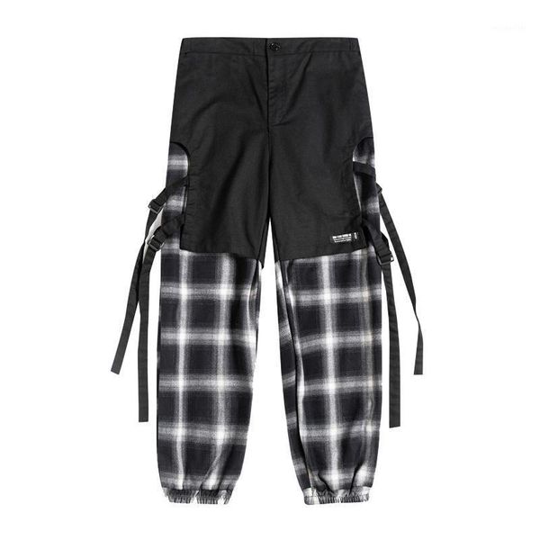 

techwear patchwork ribbons hip hop plaid for men casual pants pencil tooling cargo autumn streetwear sporty trousers bottoms men's, Black