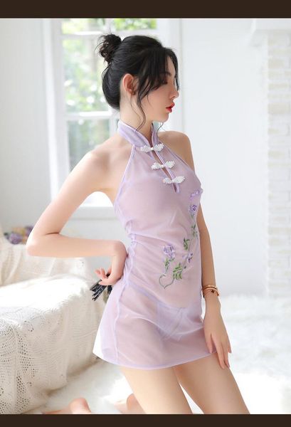 

embroidery split mesh mini dress qipao chinese see through cheongsam babydoll lingerie party dresses nightclub uniform one-piece suits