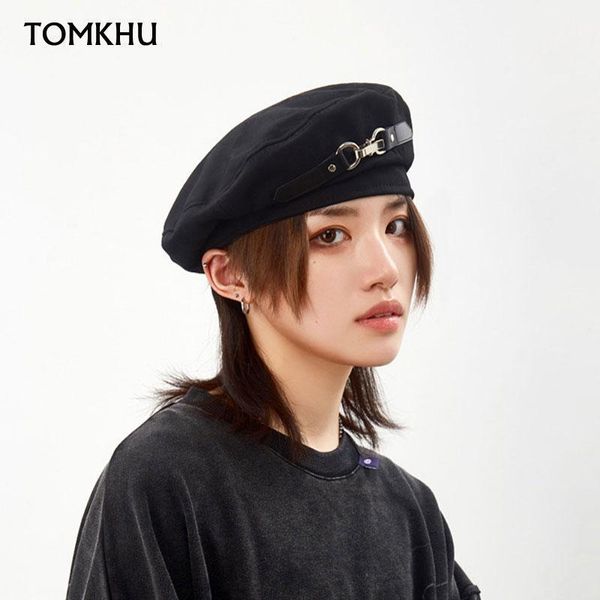 

harajuku punk gothic metal ring pu belt chain black hat beret spring summer bucket men women chic streetwear beanie bonnet berets, Blue;gray