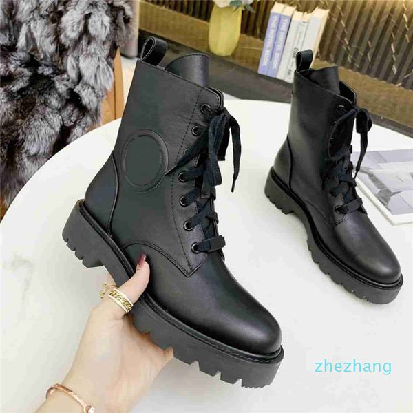 Top Quality Moda Feminina Lace-Up Botas de Couro Designers Nova marca Wholesale Casual à prova de água boot boot mulheres redonda cabeça grossa salto antiderrapante