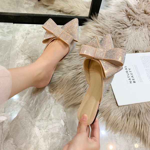 

slippers pointed toe half female summer wear 2021 fashion rhinestone bow lazy flat sandals women's shoes, Black