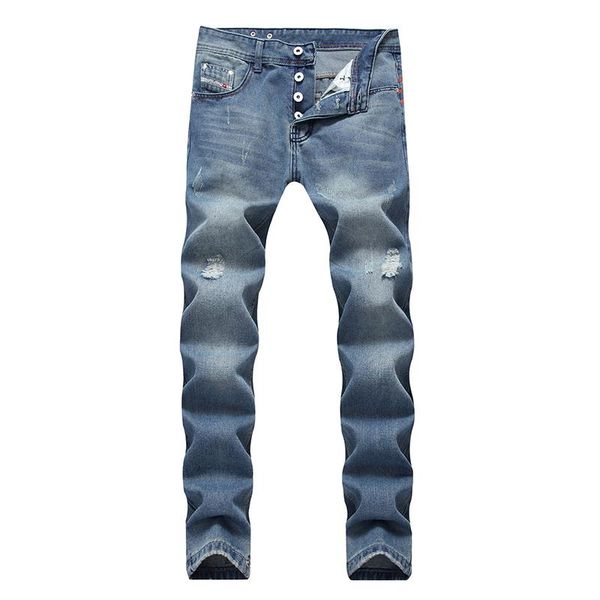 

men's jeans patchwork straight legs distressed scratched fashion brand ripped, Blue