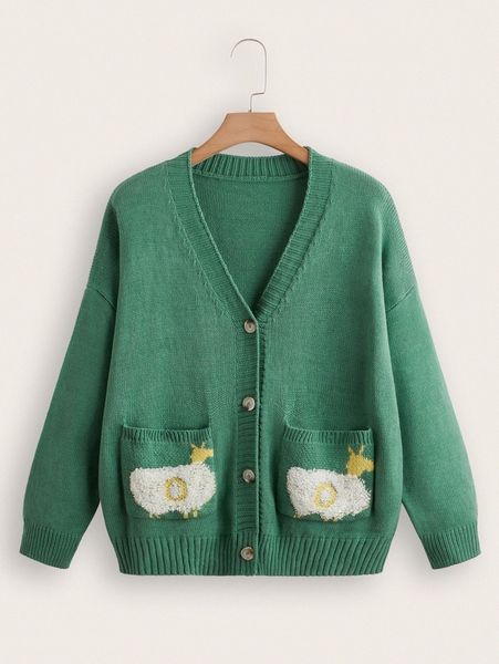 

plus sheep pattern drop shoulder cardigan t25g#, Black