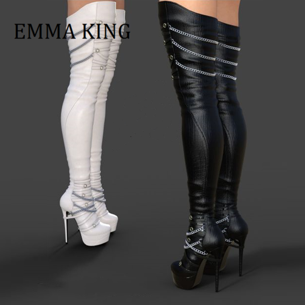 

boots metal chain platform thigh high 2021 winter women zipper over the knee ladies heels party dress shoes 46, Black