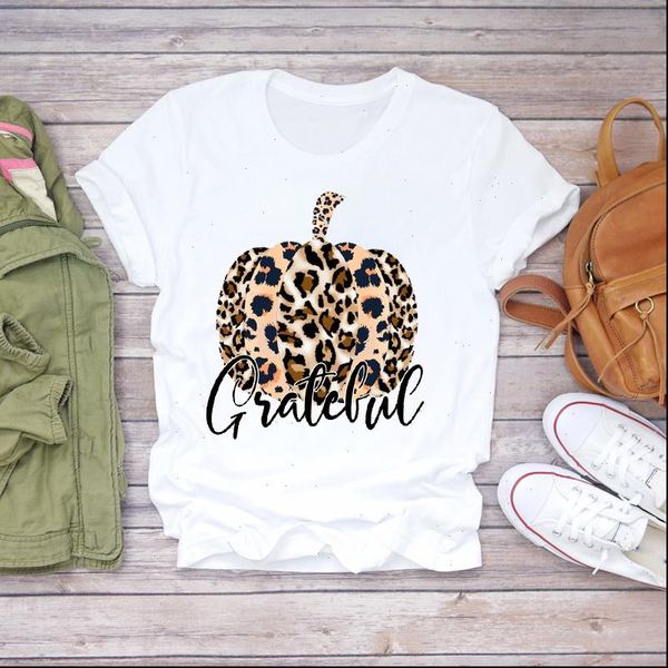 

pumpkin leopard cute fall autumn women t shirt thanksgiving halloween print graphic tee, White