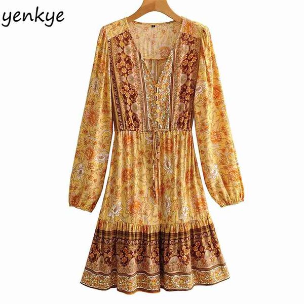 

holiday summer boho dress women vintage yellow floral print female v neck long sleeve drawstring waist casual 210514, Black;gray