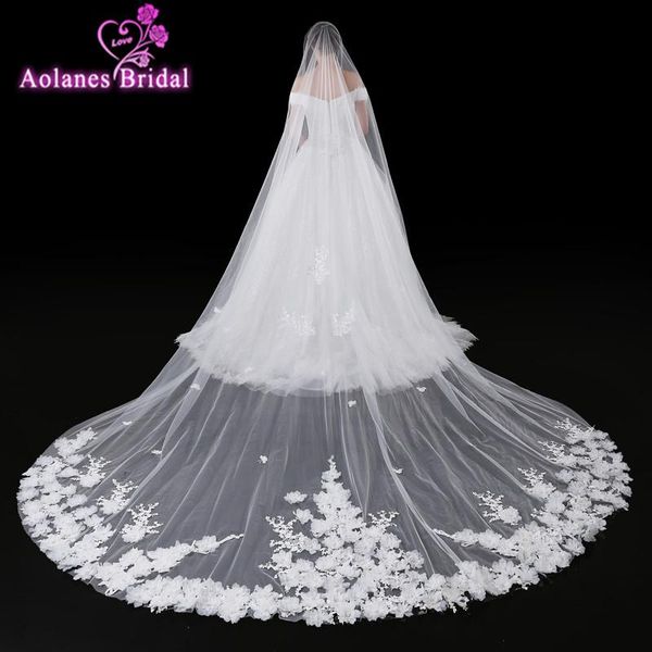 

bridal veils 2021 velos de novia 5 meters ivory lace 3d flowers veil sparkling appliques edge purfle long cathedral wedding, Black