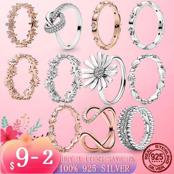 

cluster rings 2021 sale 925 silver color bow-knot finger ring for women girls sparkling daisy flower crown zircon wedding jewelry, Golden;silver