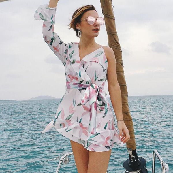 

casual dresses one shoulder ruffle floral wrap dress deep v neck spaghetti strap high waist women mini 2021 summer beach boho b427, Black;gray