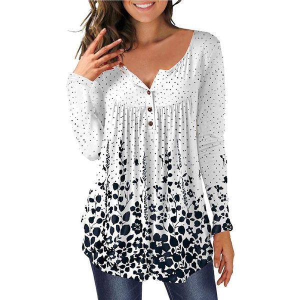

women's blouses & shirts womens fashion round neck printed buttons long sleeve asymmetric hem top, White