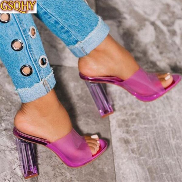 

summer fashion pvc jelly slippers transparent crystal square heel mules high heels shoes size 35-42, Black