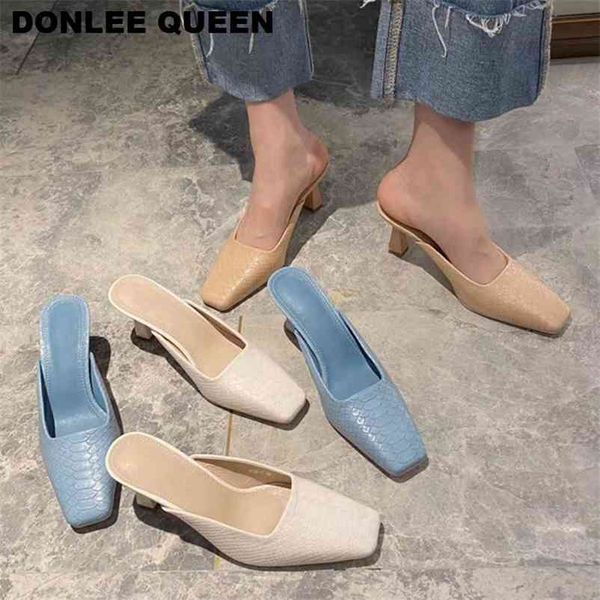 

fashion high heel slipper snake pattern brand square toe mule slip on outdoor slides elegant pumps party wedding shoe 210619, Black