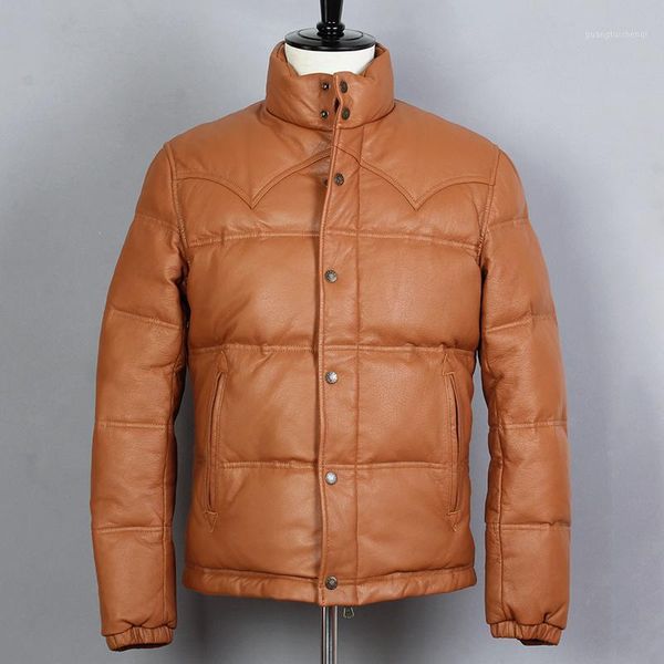 

genuine avirex leather down jacket men sheepskin slim duck thick winter coat male stand collar short real men's & faux, Black