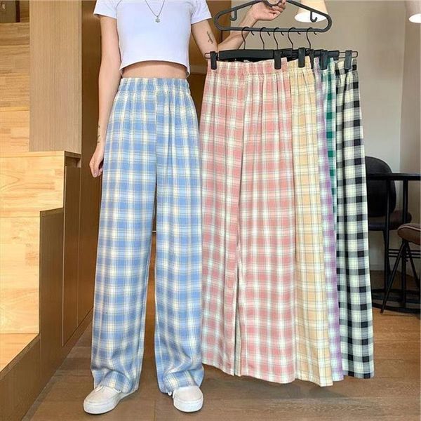 

plus size korean style plaid womens pants spring fashion wide leg women lattice print high waist, Black;white