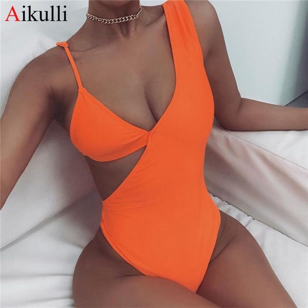 

solid one piece swimsuits for women bikini irregular high legs swim bathing suits 2021 summer woman monokini beachwear one-piece