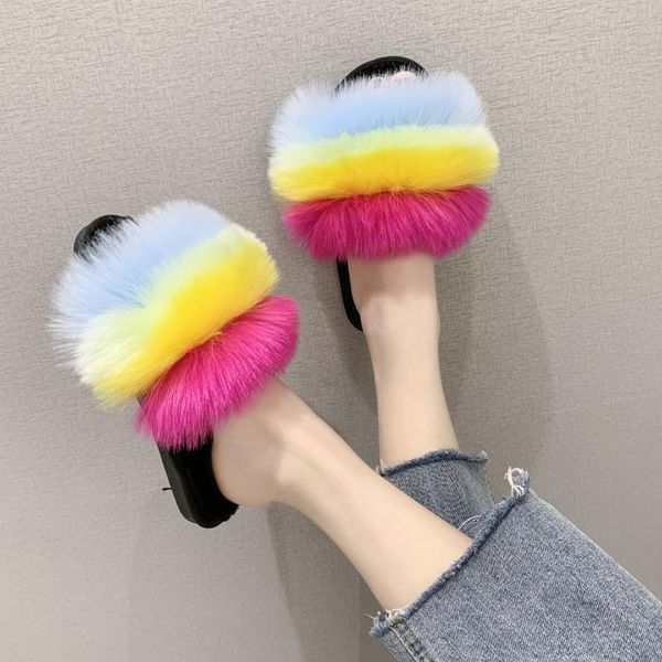 

large size 41 women indoor fur slippers 2021 warm platform shoes woman slip on soft flats casual floor slipper home shoe, Black