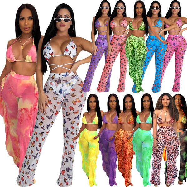 

2019 printing two pieces bikini +ruffles pants sets summer beach holiday swimsuits beach party long pants outfits with underwear, White;black