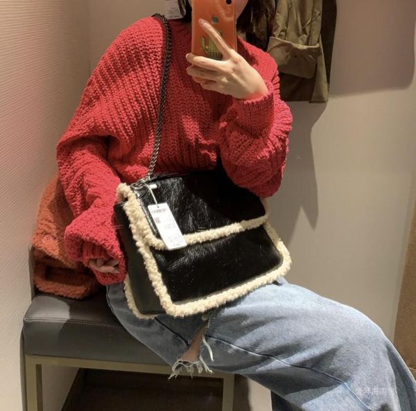 

artificial lamb wool stitching women messenger bags fashion winter ladies large shoulder bag pu leather female purse handbags cross body