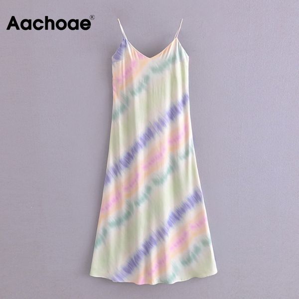 

aachoae summer tie dye print beach spaghetti strap dress v neck backless party dress holiday midi dress sundresses vestidos 210413, Black;gray