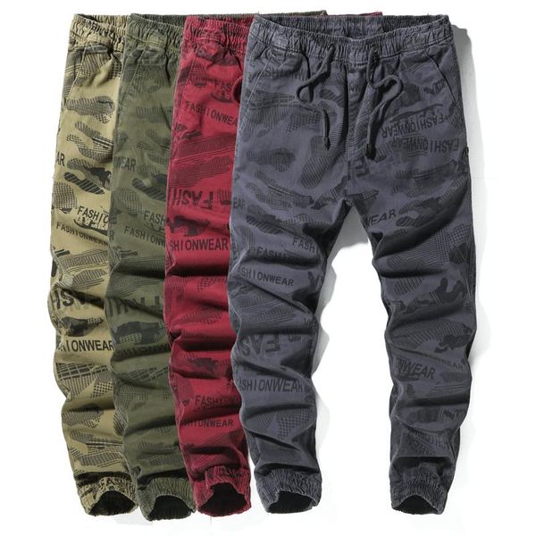 

men's pants multi-pocket camouflage printed overalls for sports and leisure all-match trousers with feet, tide brand japan, Black