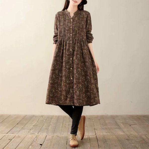 

casual dresses lamtrip unique plus size cotton yarn v-neck retro floral print rustic village long sleeve 2021 spring qsz9, Black;gray