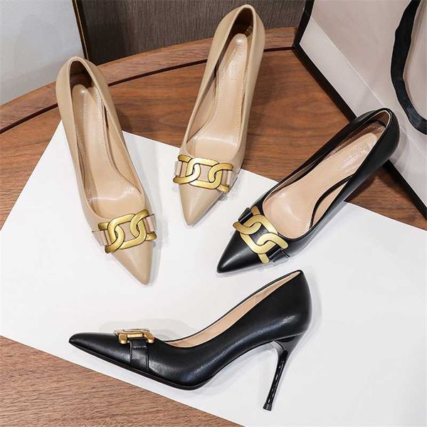 

dress shoes fall 2021 pointed metal buckle fashion high heels french girly temperament ladieslarge size single, Black