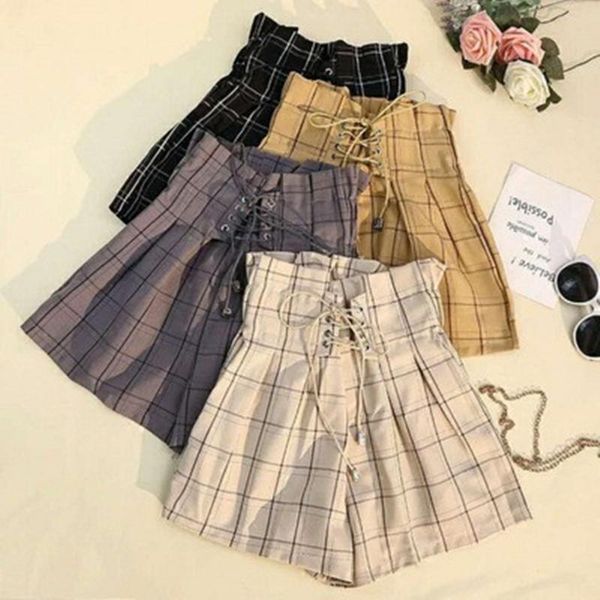 

women's shorts summer high waist fashion wide leg women vintage bandage plaid short pants loose folds girl casual, White;black