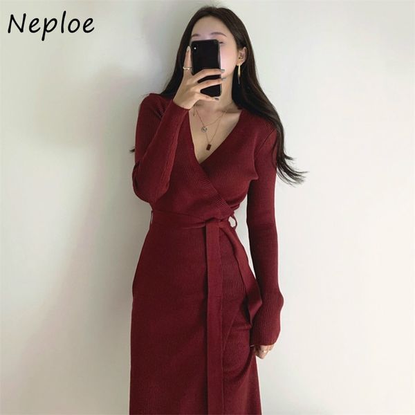 

drawstring split slim fit dress chic cross waist knitted dresses women v-neck simple femme vestidos 210422, Black;gray