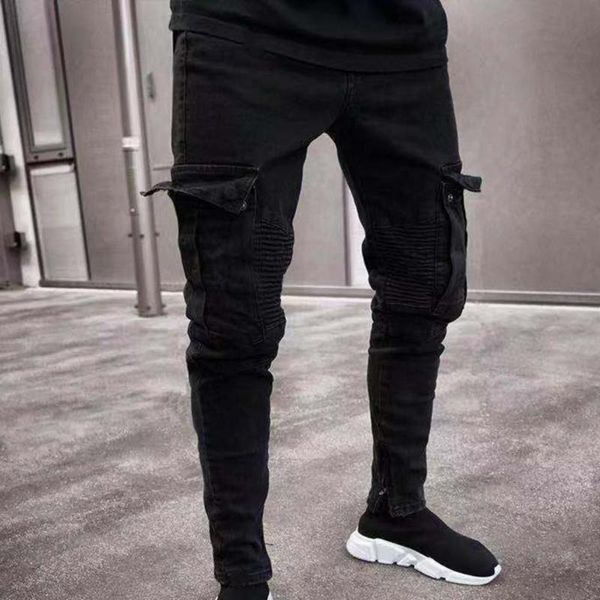 

men's jeans charming men biker pants ripped denim skinny male trousers autumn casual pockets jogger, Blue