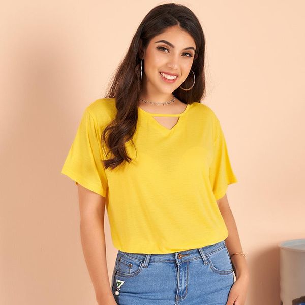 

summer product all-match solid color v-neck hollow comfortable loose yellow ladies t-shirt women's, White