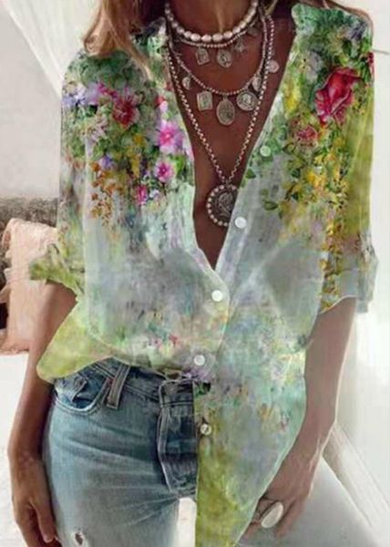 

women's t-shirt women blouses flowers print fashion cardigan buttons ladies shirts v-neck half-sleeve female 2021 spring casual shirt, White
