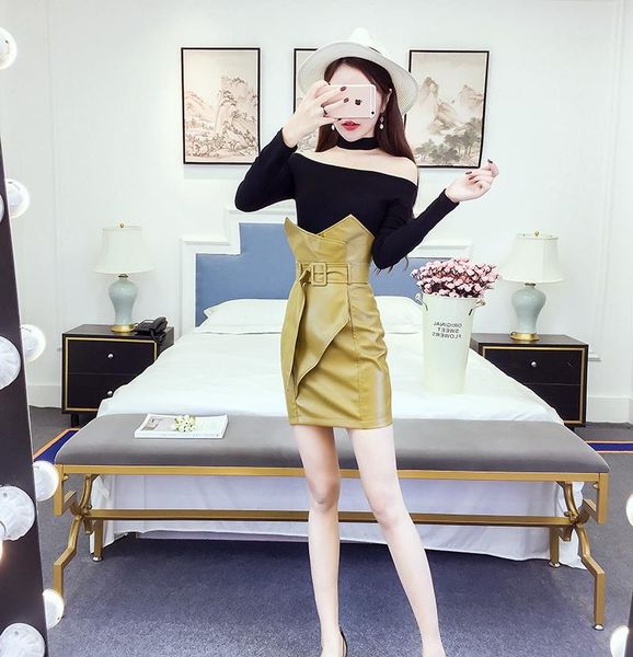 

skirts coigarsam fashion full sleeve women skirt slash neck high waist white black and yellow 3442