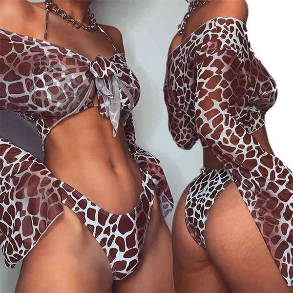 

leopard swimsuit bikinis women summer beach bathing suit long sleeve sunscreen triangle bikini set 210629, White;black