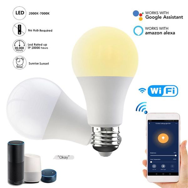 

smart home control light bulb voice work with alexa google 2000k/7000k wifi dimming 15w cold&warm