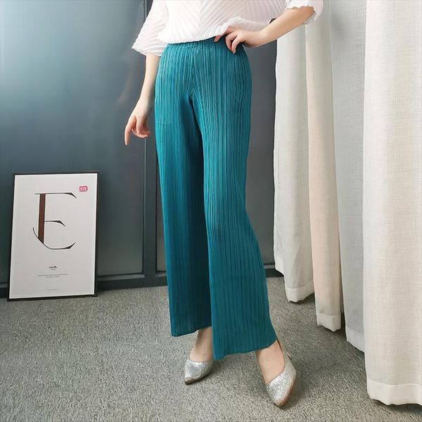 

miyake pleated straight summer women capris fashion korean clothes sky blue trousers wide leg, Black;white