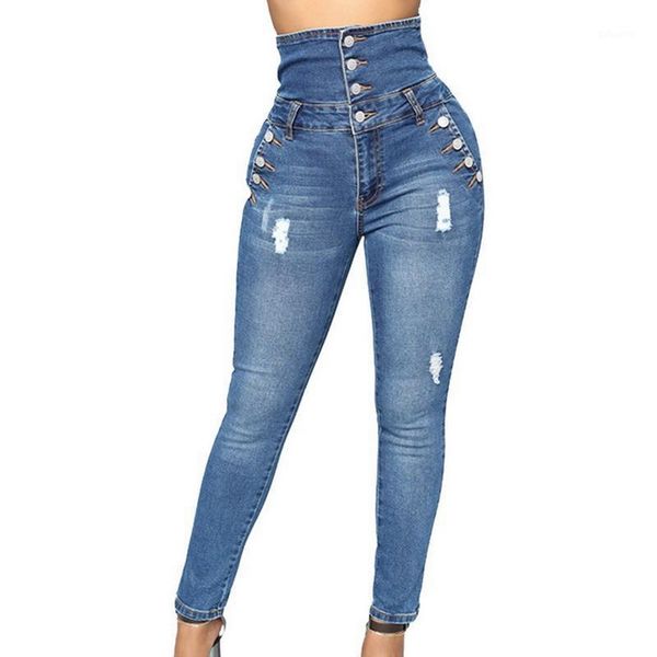 

puimentiua woman denim pencil pants women high waist jeans elastic stretch skinny plus buttons camisa feminina women's, Blue
