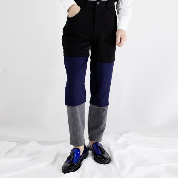 

homemade men's original design leisure pants splicing three pieces of personality slimming avant-garde pants. s-6xl, Black